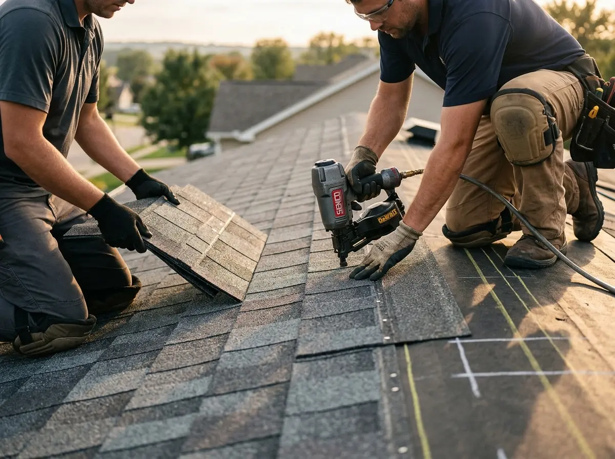 Professional roofer working on a residential roof in Marinette